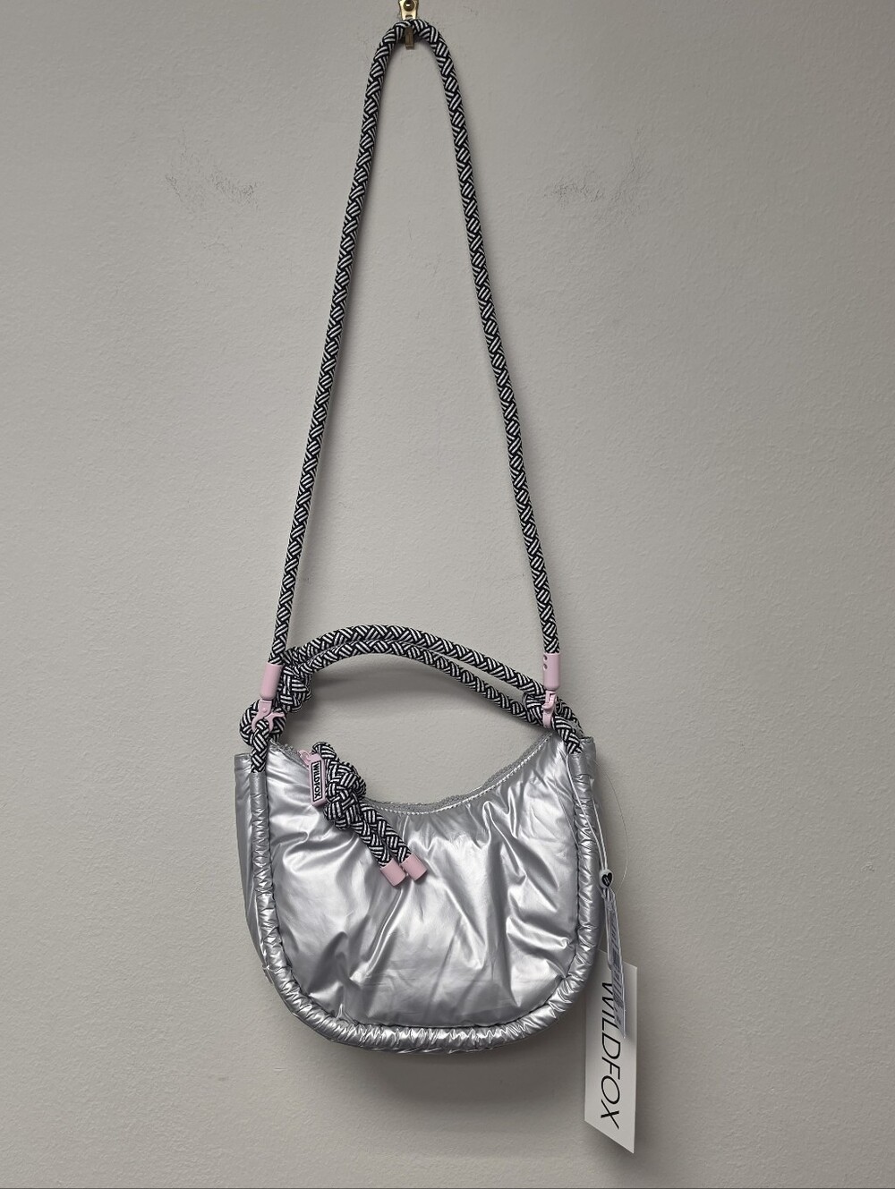 Wildfox Puffer Multi way Crossbody shoulder Bag Silver Black White Rope Strap